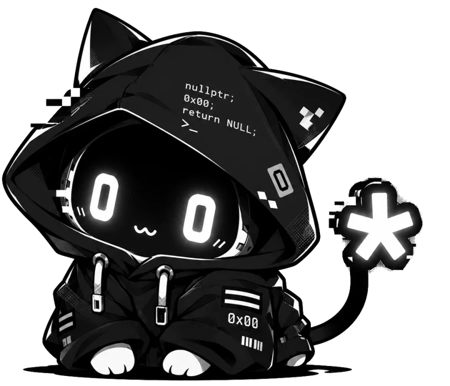 Portrait of NULL, a black hooded cat with glowing 0 0 eyes and a tail ending in an asterisk